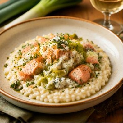 Risoto de Alho-Poró com Gorgonzola e Salmão