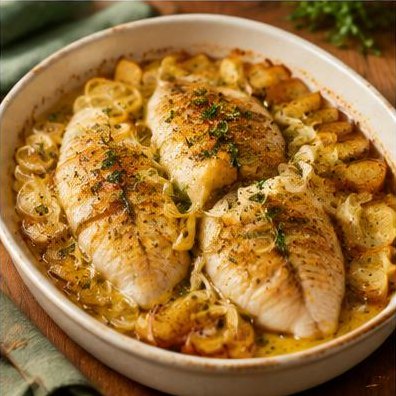 Tilápia com Batata e Cebola Assada