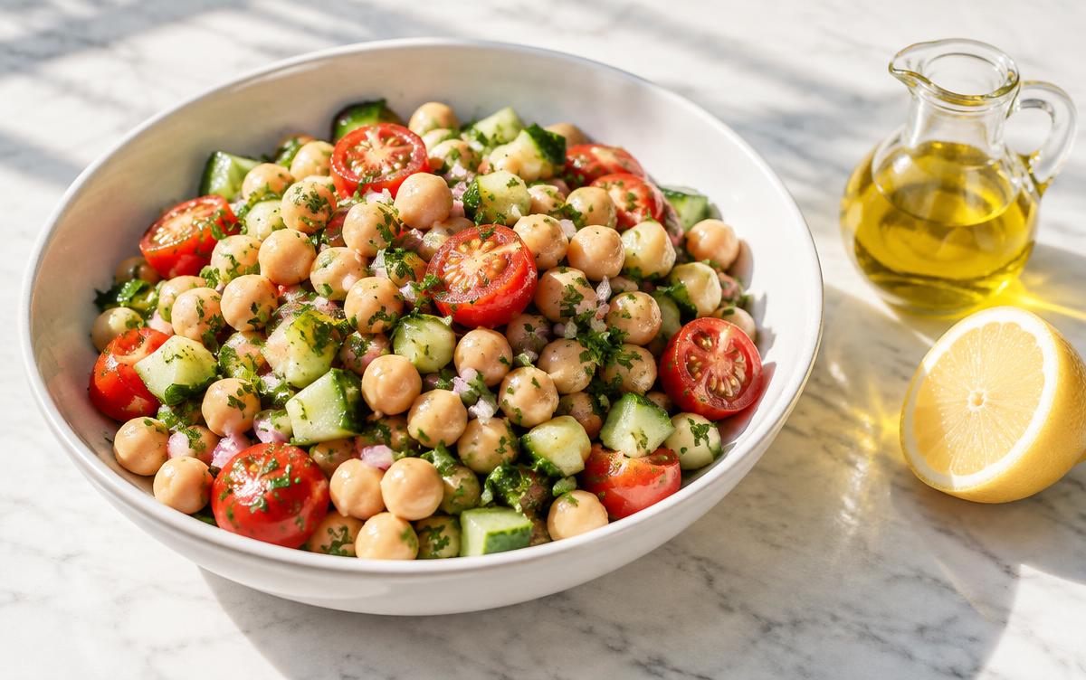 Salada de Grão-de-Bico, Pepino e Tomate