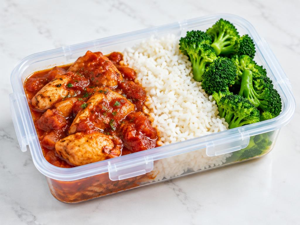 Frango ao Molho de Tomate com Arroz e Brócolis