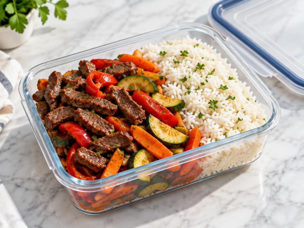 Carne em Tiras com Legumes e Arroz