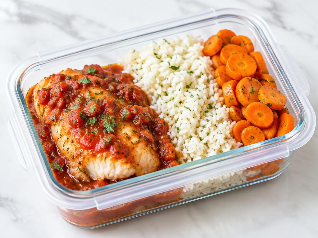 Peixe ao Molho de Tomate com Arroz e Cenoura