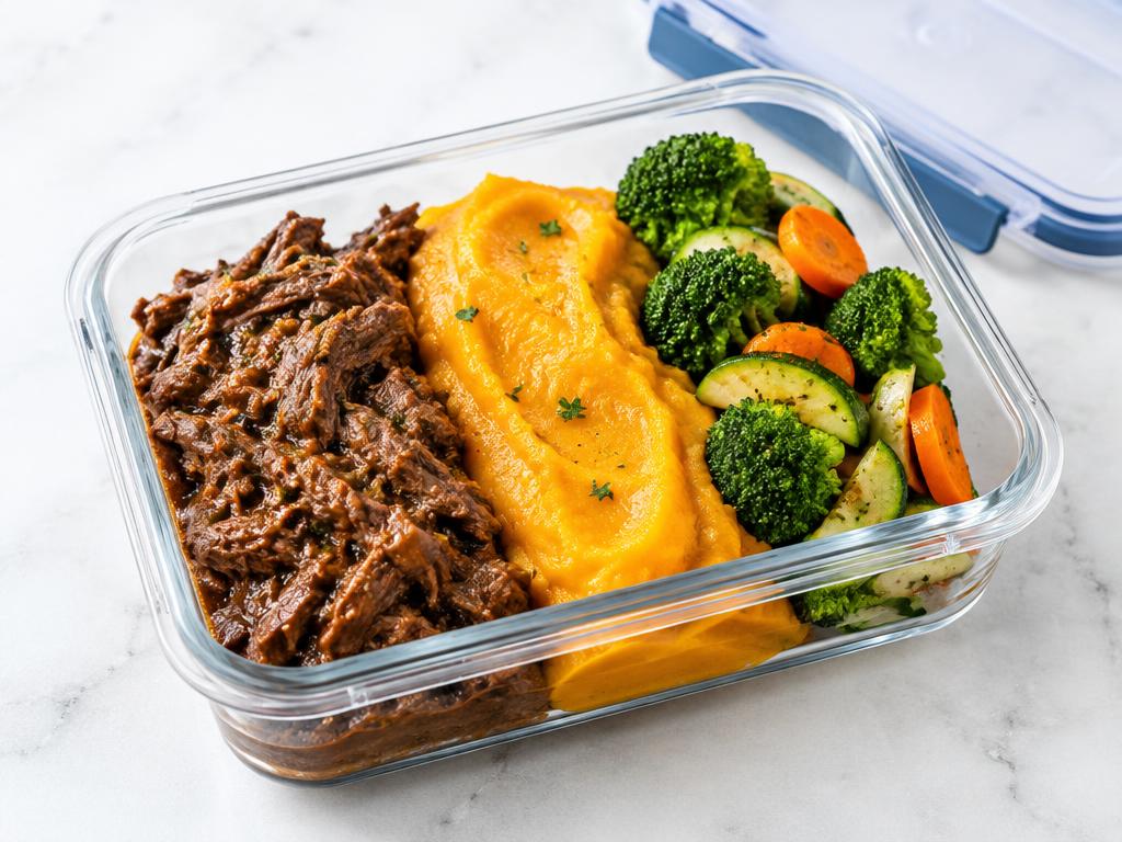 Carne Desfiada com Purê de Abóbora e Legumes